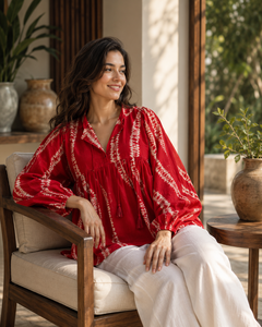 Vestido Largo de Mujer, Estampado Tie Dye Rojo, Estilo Bohemio, 100% Algodón, Cuello en V, Ecológico, Hecho a Mano, para Fiesta, Simple y Natural - Product Image 2