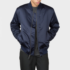 Blouson Bomber Décontracté Slim Fit en Satin Bleu Marine Col Montant Grande Taille Coupe-Vent Fermeture Éclair Manches Élastiques Style Streetwear - Product Image 3