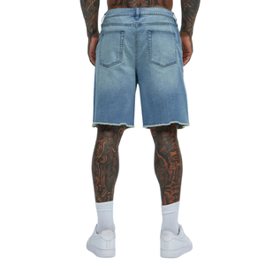Shorts en jean bleu clair pour homme, en coton délavé, cinq poches, coupe droite, décontracté, été, respirant, séchage rapide, longueur genou, ourlet brut - Product Image 2