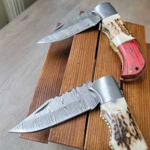 Damascus Steel Folding Hunting <b>Knife</b> Clip Point Blade Serrated Edge Elk Horn Wood <b>Handle</b> Leather Sheath Industrial Grade <b>Knife</b> - Product Image 5