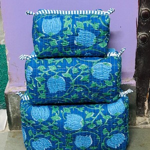 Blue Floral Embroidered Cotton Cosmetic Bag Set With Zipper Closure Portable <b>Makeup</b> Organizer Elegant Style Toiletry bag - Product Image 5