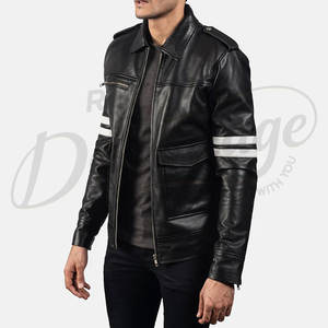 Chaqueta Utilitaria de Cuero Genuino Negra para Hombre con Franjas Blancas en los Brazos, Múltiples Bolsillos, Corte Ajustado, Estilo Motero, Ropa de Invierno - Product Image 4