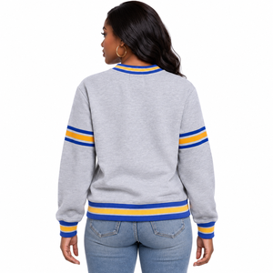 Sweat-shirt à col rond en chenille grise Sigma Gamma Rho avec poche et bordure côtelée rayée bleu roi et or, vêtements de sororité grecque - Product Image 2
