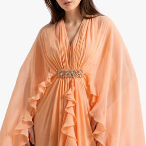 Elegant Salmon Peach Georgette Cape Gown | Designer Pleated <b>Maxi</b> Dress with Waistband | Moroccan <b>Kaftan</b> Evening Wear Dress - Product Image 2