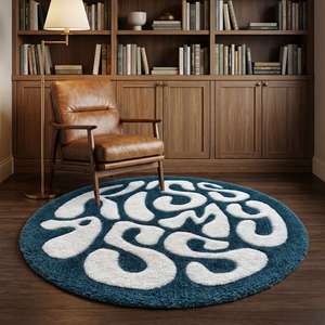 Alfombra Redonda de Lana Tufted a Mano, Diseño Geométrico Antideslizante, Azul y Blanco, para Decoración de Sala de Estar y Dormitorio - Product Image 6