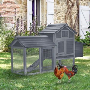 Pollaio in Legno da Esterno per Giardino, 150 cm, con 2 Porte e Cassetta Nido, Vassoio Rimovibile, Gabbia per Polli Grigia - Product Image 1