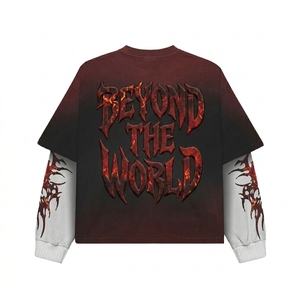 Camiseta de Manga Larga con Cuello Redondo para Hombre, Doble Capa, Estampado Serigrafiado, Efecto Desgastado, Estilo Vintage, Logotipo Personalizado, 100% Algodón, Talla Grande - Product Image 5