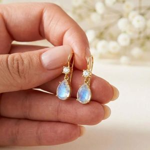 Natural <b>Rainbow</b> Moonstone and CZ <b>Drop</b> Earrings with Pear Faceted Gemstone Dangle Design in 925 Sterling Silver or Gold Filled - Product Image 6