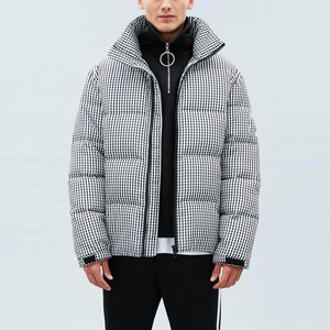 Men's <b>Checkered</b> Puffer <b>Jacket</b> Stand Collar Zipper Closure Windproof Winter Casual Thick Polyester Wadding Regular Fit - Product Image 1