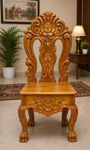 Chaise de salle à manger de luxe en bois massif, artisanale, avec sculpture ornée de roses, dossier haut, assise en bois fini. - Product Image 6