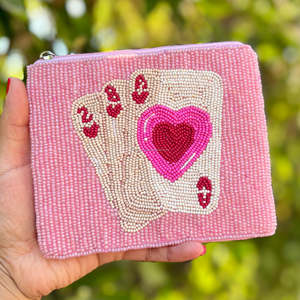Handmade Embroidered Beaded Creative Eco-Friendly Coin <b>Purse</b> Heart Playing Card Design Zipper Gift Pouch Compact Unisex - Product Image 1