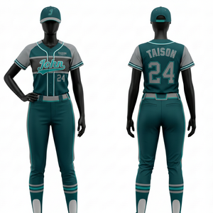 Uniforme de baseball pour femmes, tissu interlock en polyester premium 180 GSM, design à panneaux gris-vert, logo personnalisé en twill sublimé - Product Image 1