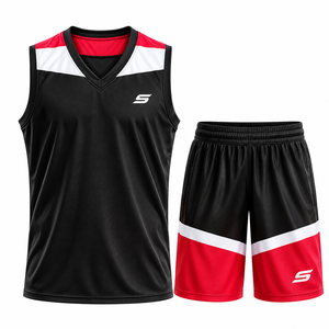 Ensemble de maillot de basket-ball bicolore noir, rouge et blanc, sans manches, col en V, tissu respirant, vêtements de sport pour adultes, unisexe - Product Image 1