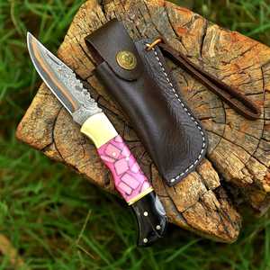 Couteau de poche pliant artisanal en acier Damas à pointe tombante pour usage extérieur/chasse - Tranchant, disponible en ODM/OEM, personnalisable en gros à prix réduit - Product Image 5