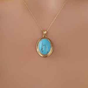 Collar con Colgante Ovalado de Howlite Turquesa, Plata de Ley 925, Chapado en Oro de 14K, Joyería de Piedras Preciosas Naturales, Regalo para Mujer, Fiesta - Product Image 1