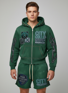 City Collective Men's Green Hoodie Shorts <b>Set</b> Digital Print Street Style Autumn Wear - Product Image 3