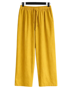 Ensemble deux pièces en lin jaune moutarde pour femme, chemise à manches longues boutonnée et pantalon large à taille élastique, tenue décontractée - Product Image 6