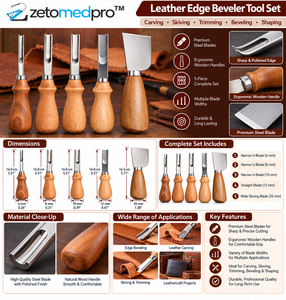 Ensemble de 5 outils de façonnage et de découpe des bords en cuir, lames en acier, manches en bois, outils pour le travail du cuir ZETOMEDPRO - Product Image 2
