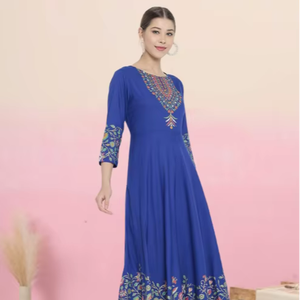 Kurti Anarkali Azul con Estampado Floral Bordado en Rayón, 2 Piezas, Verano, Ecológico, Tela Suave y Cómoda, Elegante y Festivo - Product Image 1