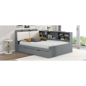 Letto matrimoniale imbottito grigio con piattaforma in legno, letto estraibile, ripiani e testiera contenitore - Product Image 6