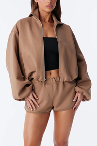 Women's Hoodie Shorts Tracksuit Set <b>Brown</b> Color 100% Cotton Fleece Softshell Acid Wash Winter Streetwear Breathable Eco-Friendly - Product Image 4