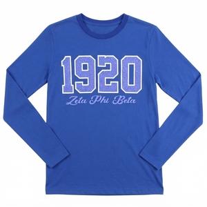 T-shirt à manches longues col rond bleu personnalisé à prix abordable avec imprimé graphique lettres de sororité grecque en coton épais - Product Image 1