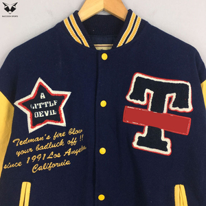 Vintage Navy Blue Varsity Jacket Men Letterman Jacket Yellow Wool Sleeves Embroidery Patch Slim Fit College High School Uniform - Product Image 6