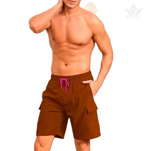 Shorts cargo marron pour homme, séchage rapide, taille élastique avec cordon de serrage, shorts utilitaires décontractés avec plusieurs poches - Product Image 1