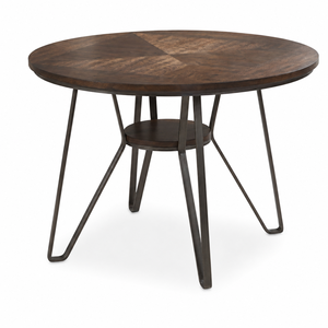 Table ronde moderne avec plateau en placage de bois géométrique MDF, structure et pieds en fer, table en bois - Product Image 1