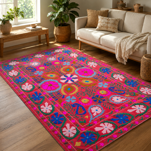 Drap de lit en coton brodé Suzani traditionnel, rouge, multicolore, floral, fait main, style bohème, couvre-lit artisanal indien, décoration ethnique pour la maison - Product Image 1