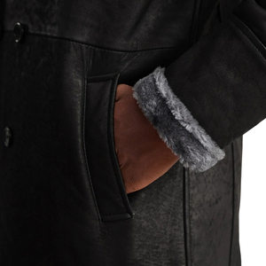 <b>Men's</b> <b>Black</b> Genuine Leather Shearling Lapel Double Breasted Knee Length Overcoat - Product Image 6