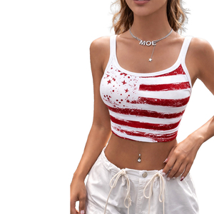 Crop top personnalisé avec imprimé drapeau américain pour femmes, rayures rouges et blanches, t-shirt sans manches graphique, débardeur tendance en coton, chemise décontractée pour femmes - Product Image 3