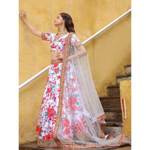 Séduisant blanc cassé imprimé floral Art soie Sangeet Wear Lehenga Choli pour femmes pour les événements traditionnels - Product Image 5