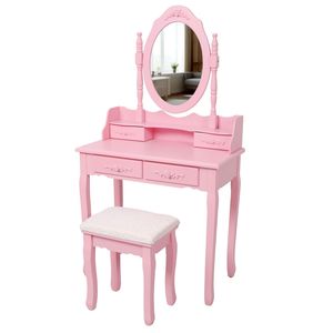 Princess <b>Pink</b> Wooden Makeup Vanity <b>Table</b> Set 4 Drawer Girls Bedroom <b>Dressing</b> with Mirror Cushioned Stool for <b>Dressing</b> Relaxing - Product Image 2