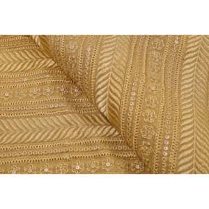 Tela de Lentejuelas Geométrica Floral a Rayas de Georgette por Metro, 44 Pulgadas de Ancho, Bordado Color Mostaza - Product Image 1