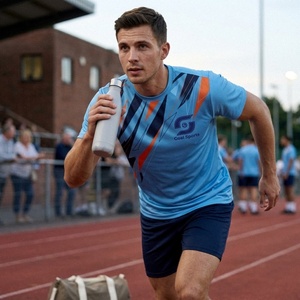 Goal Sports Camiseta de manga corta con estampado geométrico azul para hombre, de secado rápido, corte ajustado, cuello redondo, estilo deportivo - Product Image 3