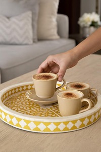Handmade <b>Yellow</b> Bone Inlay Round Serving Tray Decorative <b>Coffee</b> <b>Table</b> Ottoman Tea Breakfast Serving Tray Floral Wooden Vanity - Product Image 3