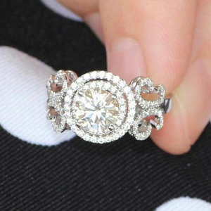 Luxury Round Cut Moissanite <b>Ring</b> 925 Silver Halo Engagement <b>Ring</b> Iced Out <b>Statement</b> <b>Ring</b> Floral Side Design - Product Image 4