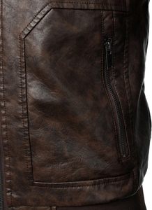 <b>Men</b> Brown PU <b>Leather</b> Moto Biker <b>Jacket</b> Zipper Front Turn-down Collar Slim Fit Regular Sleeve Solid Color Autumn Style - Product Image 5
