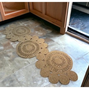 Medallion Pattern Handcrafted Flat Pile Bohemian Jute Round Area Rug <b>Kitchen</b> Floor <b>Mat</b> Non Slip Rubber Backing - Product Image 3