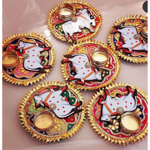 Traditional Pichwai Art Cow <b>Tealight</b> Holder | Golden Gota Lace Metal Diya | Indian Ethnic Wedding Return Gifts & Diwali Decor - Product Image 3