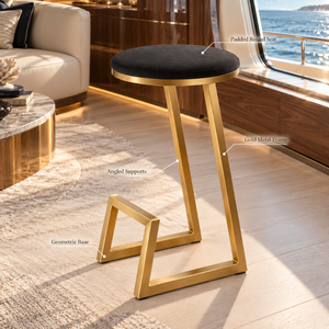 Tabouret de bar géométrique noir et or de qualité supérieure |   Siège rond rembourré avec structure métallique angulaire et base ouverte, mobilier de comptoir moderne - Product Image 4