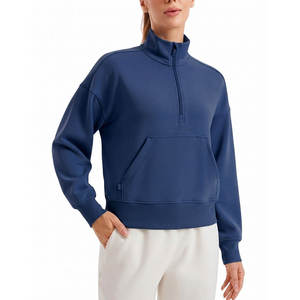 Sudadera de mujer amarilla clara con media cremallera, forro polar premium de alto gramaje, estilo oversize, para estar en casa, con bolsillo canguro - Product Image 3