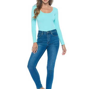 Maillot de bain une pièce pour femme, col rond, couleur unie, manches longues, coupe haute, bas string, vêtements de plage, anti-UV, extensible - Product Image 4