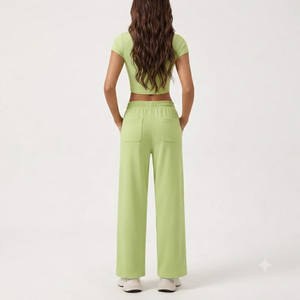 Women's 2-Piece Quick Dry Activewear Set Short Sleeve <b>Crop</b> <b>Top</b> & Wide Leg Lounge Pants Spandex/Nylon High Waist Gym Workout - Product Image 2
