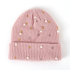 Unisex Knit Beanie Hat With Pearl Rhinestone <b>Decoration</b> Solid Color <b>Winter</b> Warm Cap Casual Style for Adults 56-58CM - Product Image 5