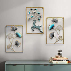Ensemble de 3 décorations murales en métal, design feuille de cerf, cadre en laiton, décoration moderne pour la maison, décoration murale rectangulaire faite à la main - Product Image 6