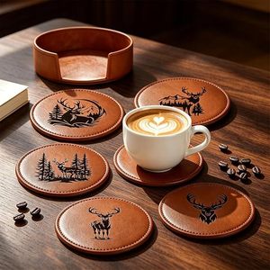 Stag Pattern Leather <b>Coaster</b> <b>for</b> <b>Drinks</b> with Holder, <b>Coasters</b> Set of 6, Cup Mats <b>for</b> Home Cafe Luxury Home Decor Leather <b>Coaster</b> - Product Image 2