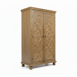 Premium Quality Hand Carved Solid Wood Double Door <b>Wardrobe</b> with Majestic Branches Panel Design for Bedroom at Export Price - Product Image 1