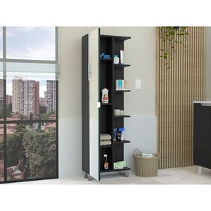 Mobiletto da bagno Urano nero in lino con quattro ripiani interni e cinque esterni, con specchio - Product Image 4